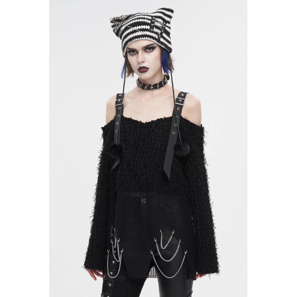 Devil Fashion - Plush mesh offtheshoulder short sweater with chain Sweater - Black